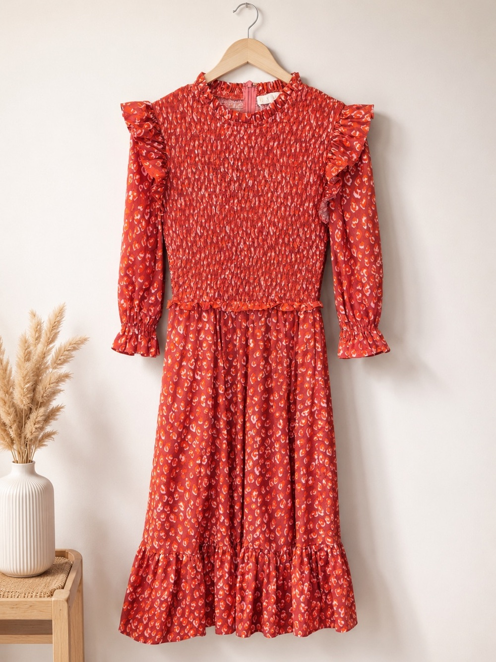 Karlie Smocked Midi Dress Red Leopard Print Ruffle Long Sleeve Size S